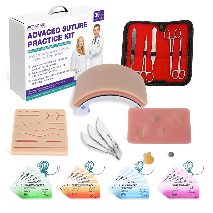 Artagia Med Advanced Suture Practice Kit - 35-Piece Training Kit with 3 Practice Pads Featuring Pre-Cut Wounds - Medical Suture Kit for Skill Development with Essential Supplies - 2nd Generation Model for Practice and Demonstration.