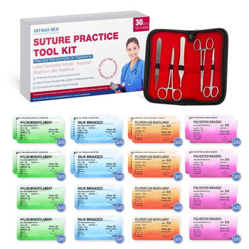 Artagia Suture Practice Kit with Suture Needle and Thread – Complete Suture Training Kit with Tools, Monofilament & Braided Sutures, Reverse Cutting Needles, Tutorial Videos – 30-Pack