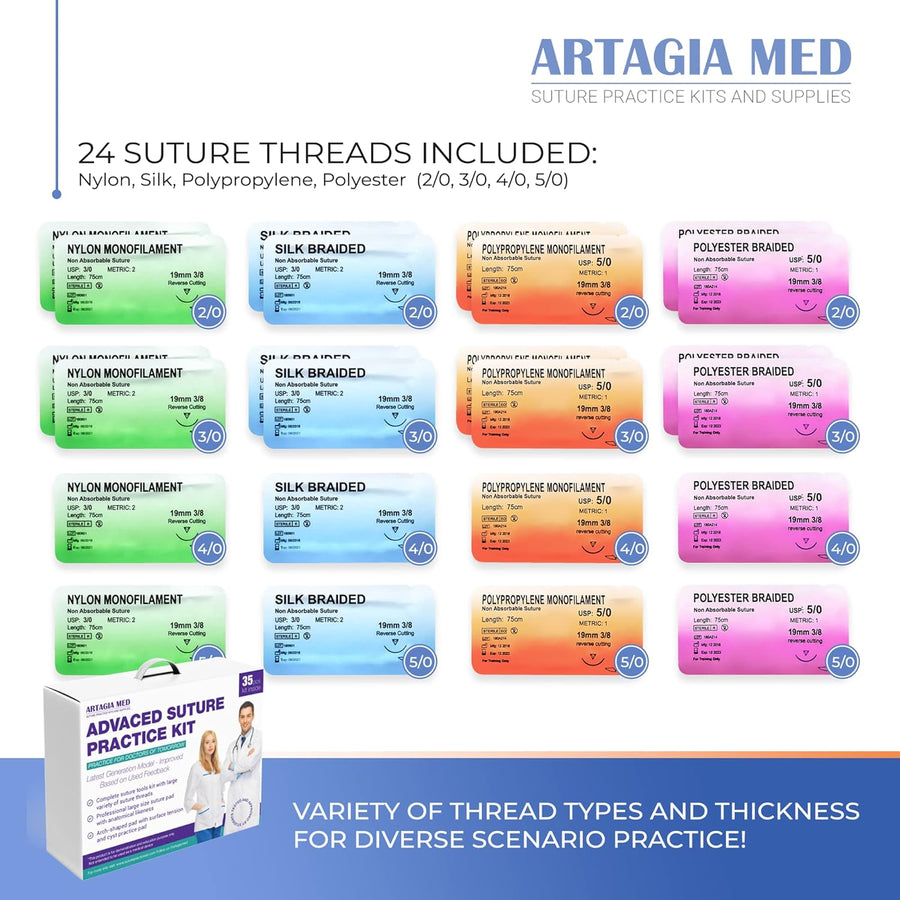 Artagia Med Advanced Suture Practice Kit - 35-Piece Training Kit with 3 Practice Pads Featuring Pre-Cut Wounds - Medical Suture Kit for Skill Development with Essential Supplies - 2nd Generation Model for Practice and Demonstration.